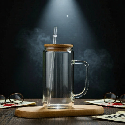 16 oz Glass Tumbler with handle and bamboo lid + clear straw